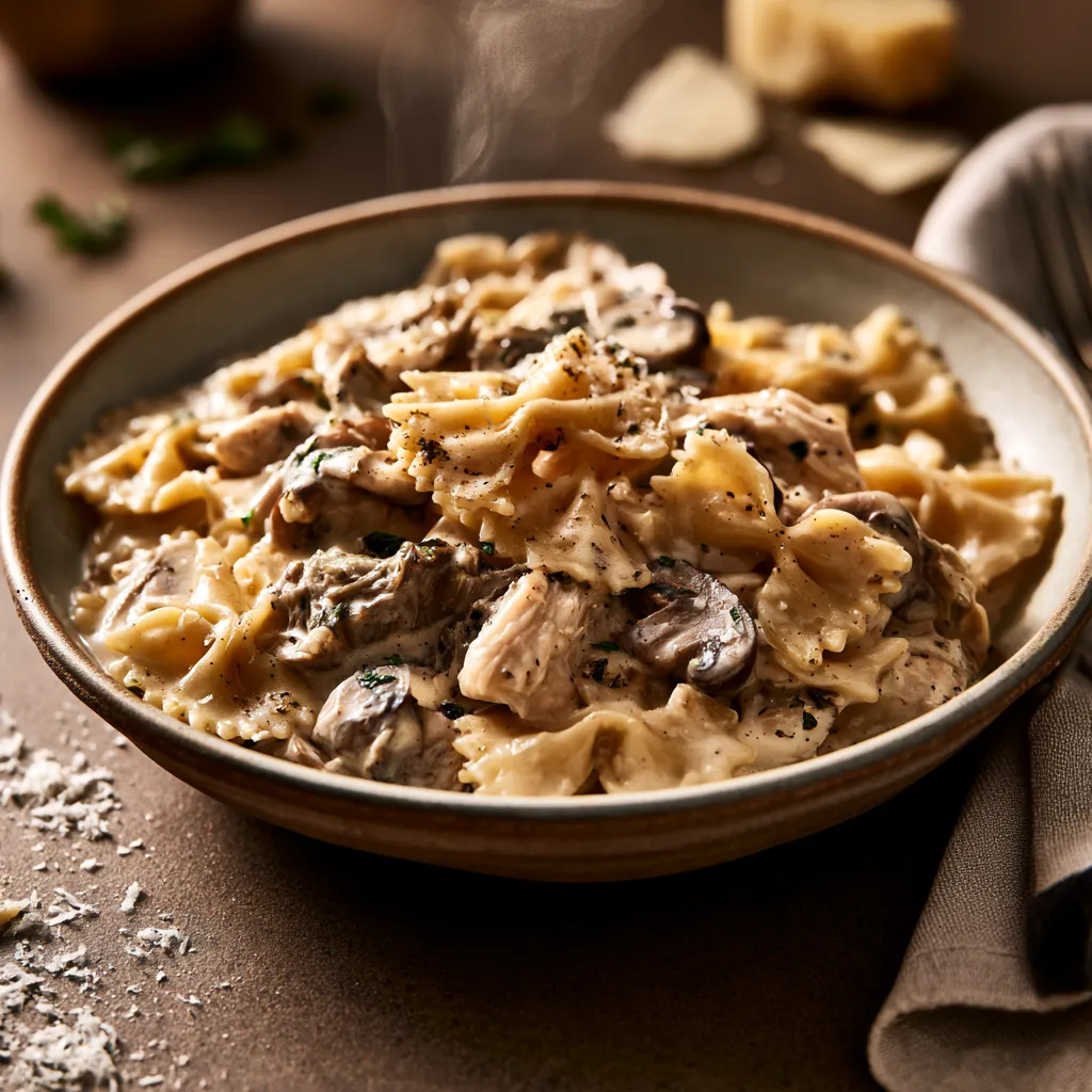 [8049] Pastas du jour farfalles aux champignons, effiloché de poulet à la crème