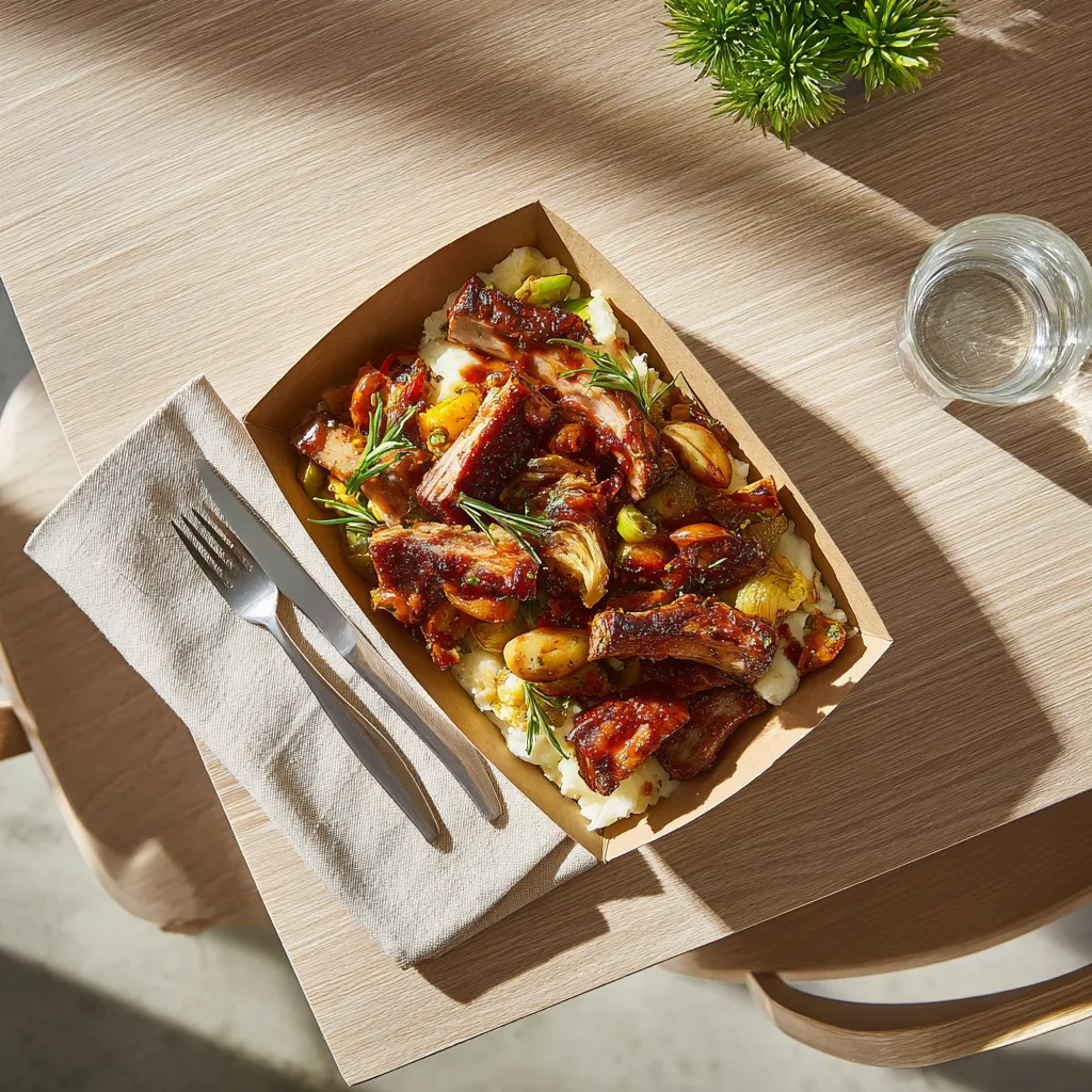 [1149] Emincé de porc façon Ribs à l'Américaine, sauté de légumes glacés et purée de pomme de terre