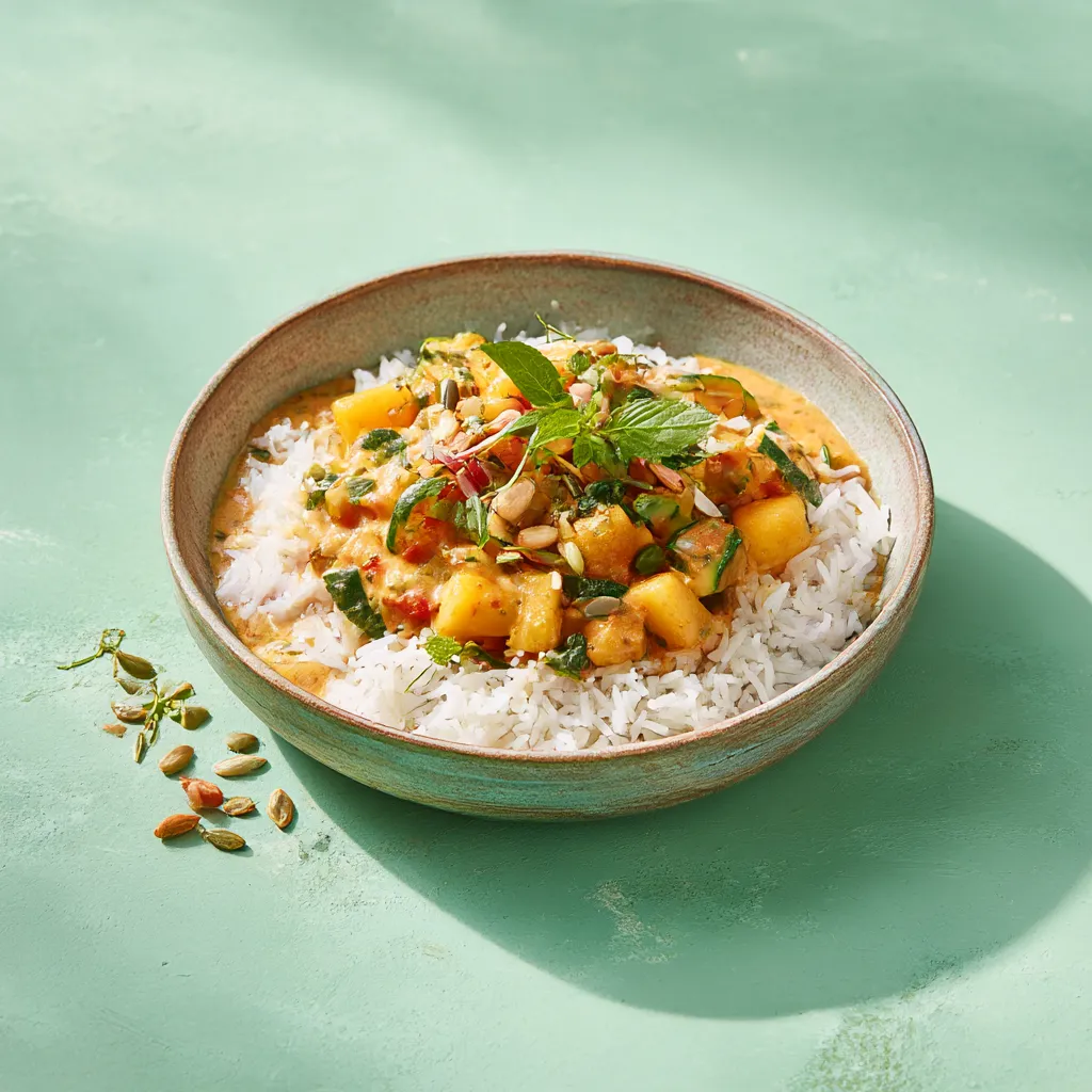 [2137] Emincé végé sauce ananas curry, jardinière de légumes et riz madras