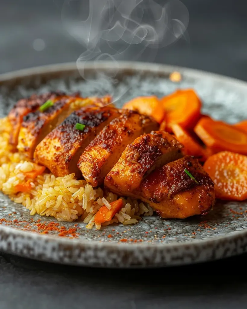 [5614] Filet de poulet rôti tandoori, pilaf de boulgour et carottes à l'orange