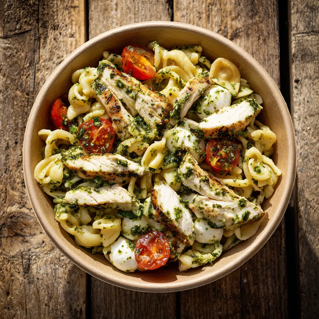 Fraich'Bol Estival (Mini Serpentini, poulet, tomates, tomates marinées, mozzarella), pesto verde