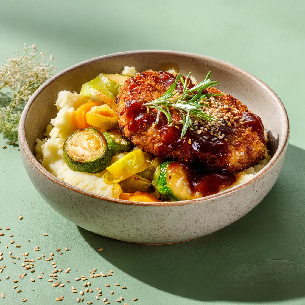 [6761] Pané de blé à l'Américaine, sauté de légumes glacés et purée de pomme de terre