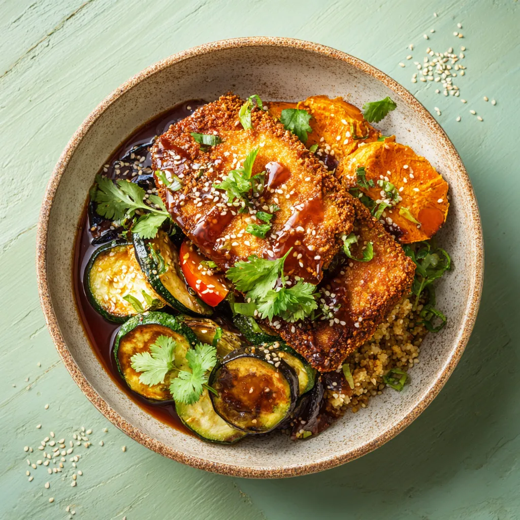 Pané de blé sauce au miel,  Gratin de patates douces et coriandre