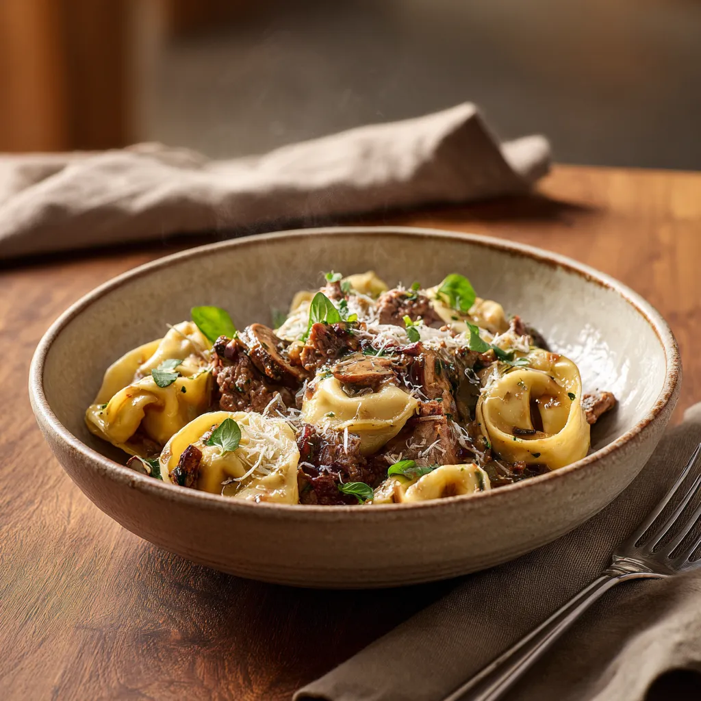 [5333] Pastas du jour tortelloni farci au boeuf, Sauce aux champignons et Marsala (vin doux Italien)