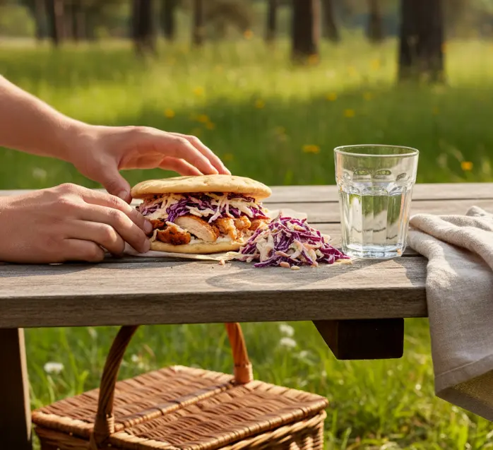 Pique -Mie "Américain" (pain suédois, coleslaw, poulet, chou rouge, sauce coleslaw)