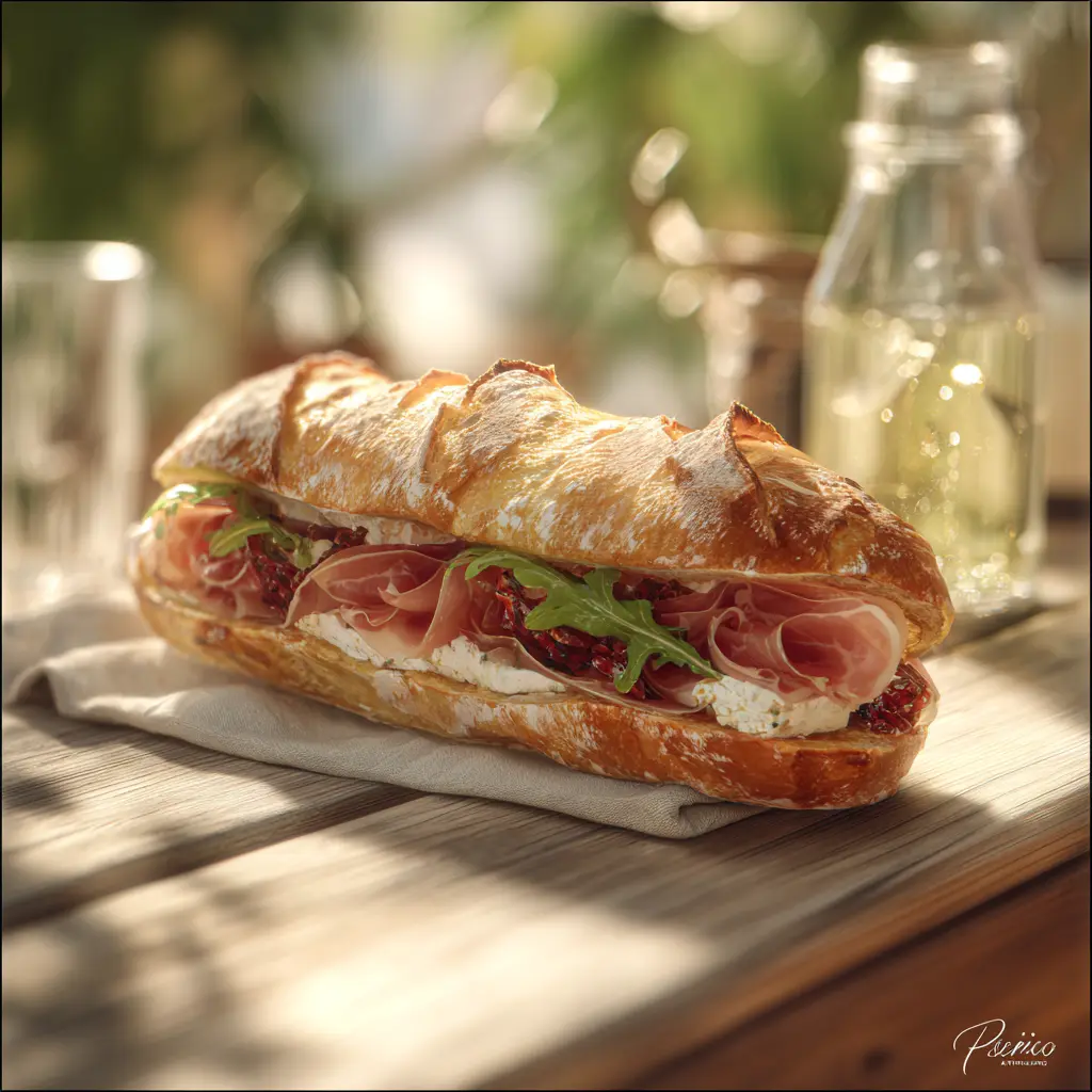 [989] Pique -Mie Le Chèvre (Baguette tradition, jambon de pays, fromage frais au chèvre, tomates confites, salade)
