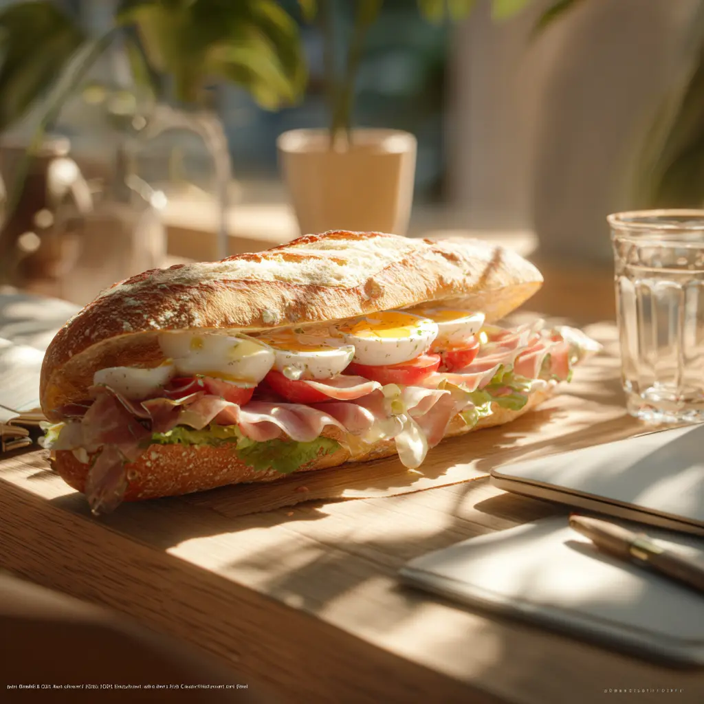 Pique -Mie "Le Complet Jambon" (baguette sandwich, jambon, oeuf dur, tomate, salade, mayonnaise)