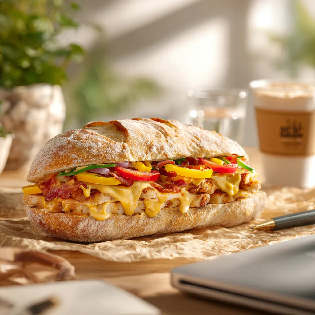[6397] Pique -Mie "le ranch"(pain Ciabatta, poulet, bacon, tomate, poivron, oignon, sauce cheddar)