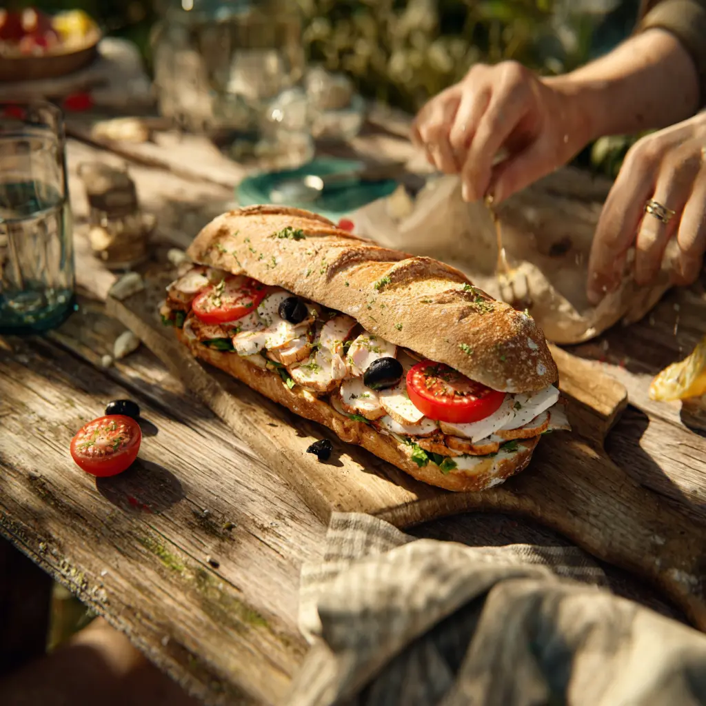 Pique -Mie "Romain chaud" (ciabatta, poulet, tomates, mozzarella, olives noires, sauce tomatade)