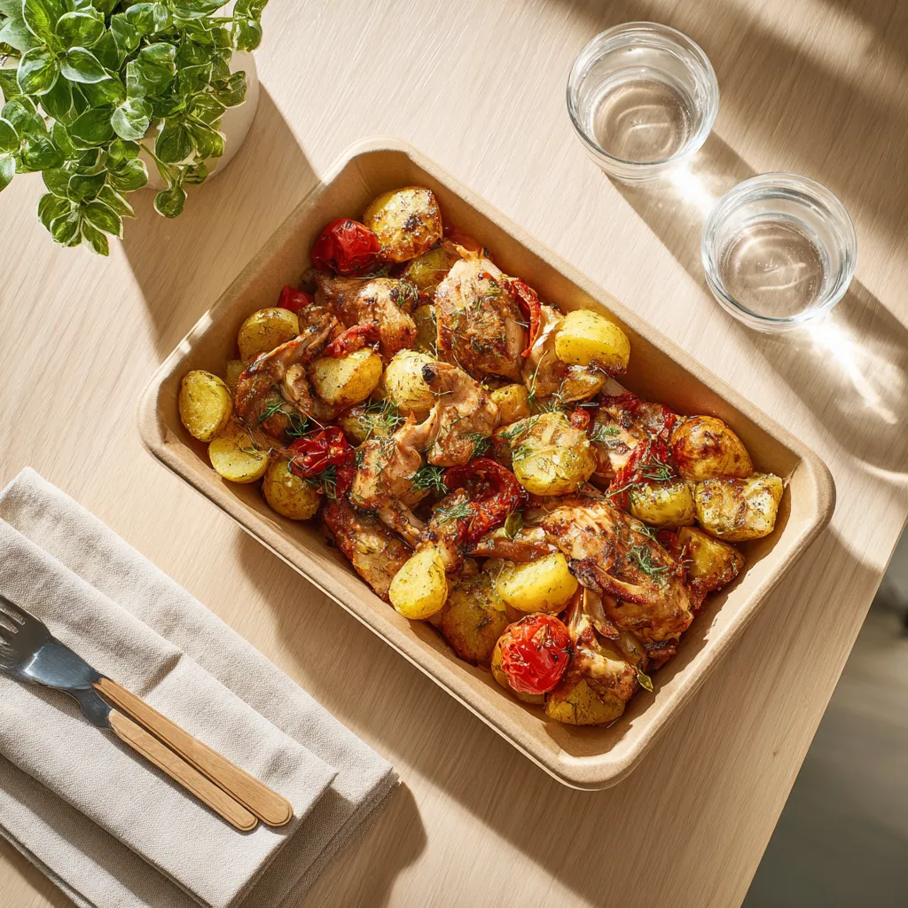 Poulet à la provencale, pomme de terre persillé et légumes du soleil