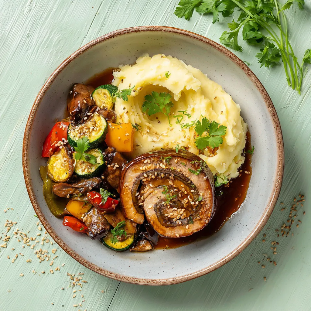 Roulé végétal, purée de pomme de terre, sauce échalotes