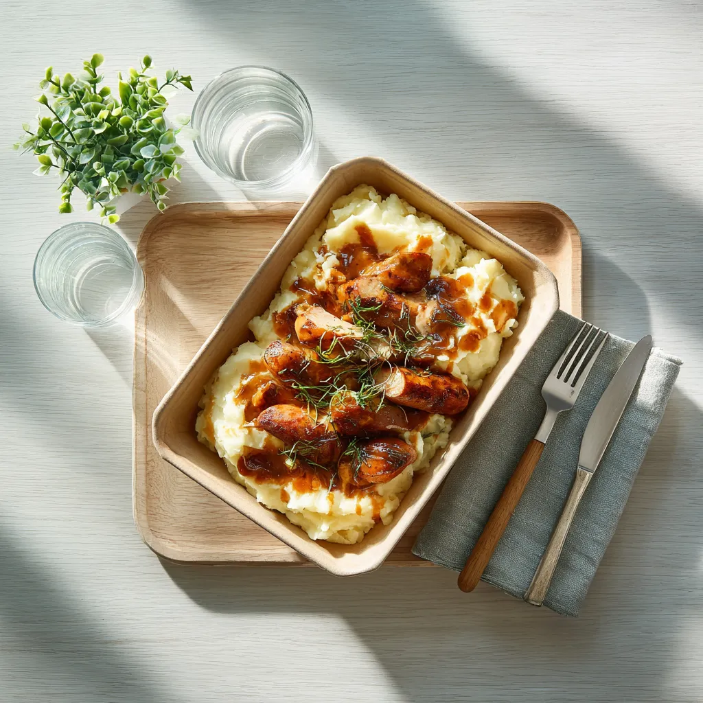 [6527] Saucisse grillée, purée de pomme de terre, sauce échalotes