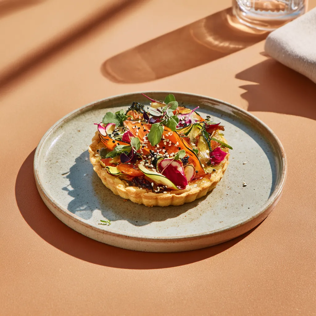 [5619] Tarte fine au carpaccio de légumes (carottes, courgettes, radis) saveurs exotiques (sésame, wasabi, agrumes)
