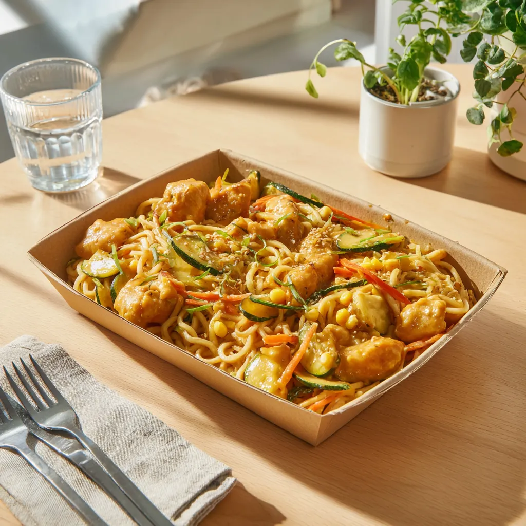 [3718] Wok de poulet coco et curry, nouilles chinoises aux légumes Thaï (soja, maïs, carottes et courgettes)