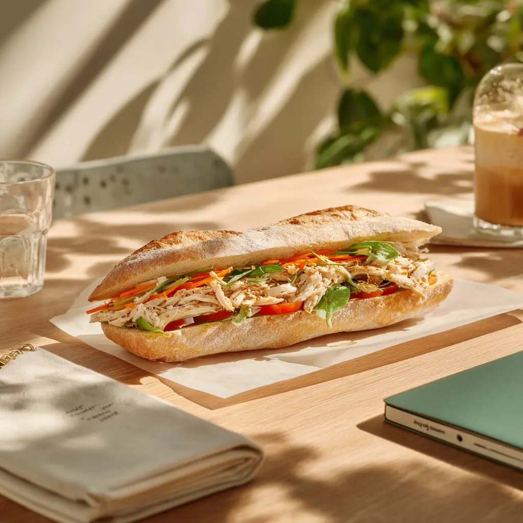 Pique -Mie "Asiatique " (baguette sandwich, poulet, sauce asiatique, carotte, salade, tomate)