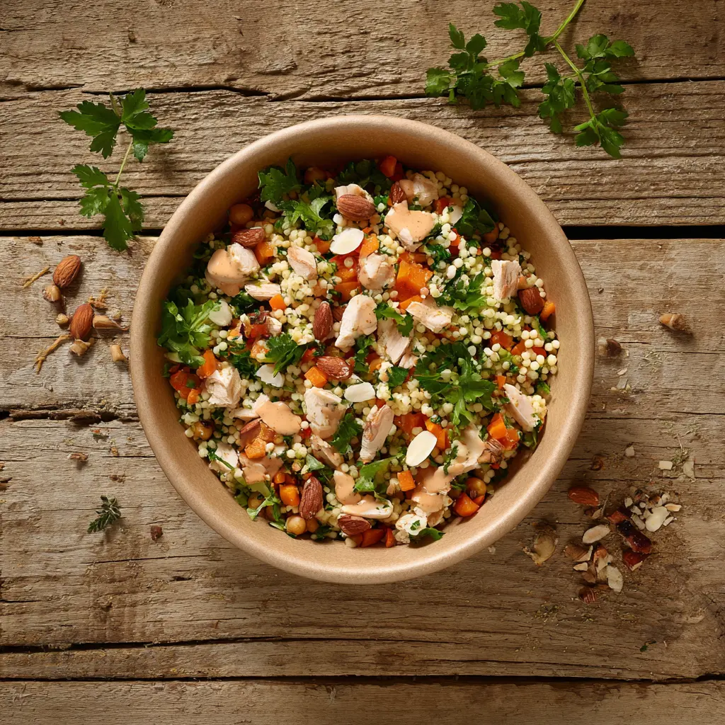 Fraich'Bol Orientale (semoule, poulet, tomates marinées, carottes, pois chiches, amandes, coriandre), sauce épices